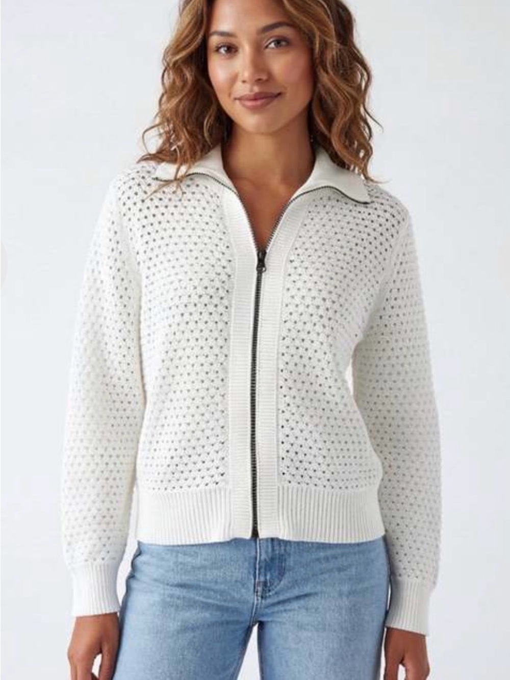 New J. Society White/Cream Zip-Front Knit Cardigan